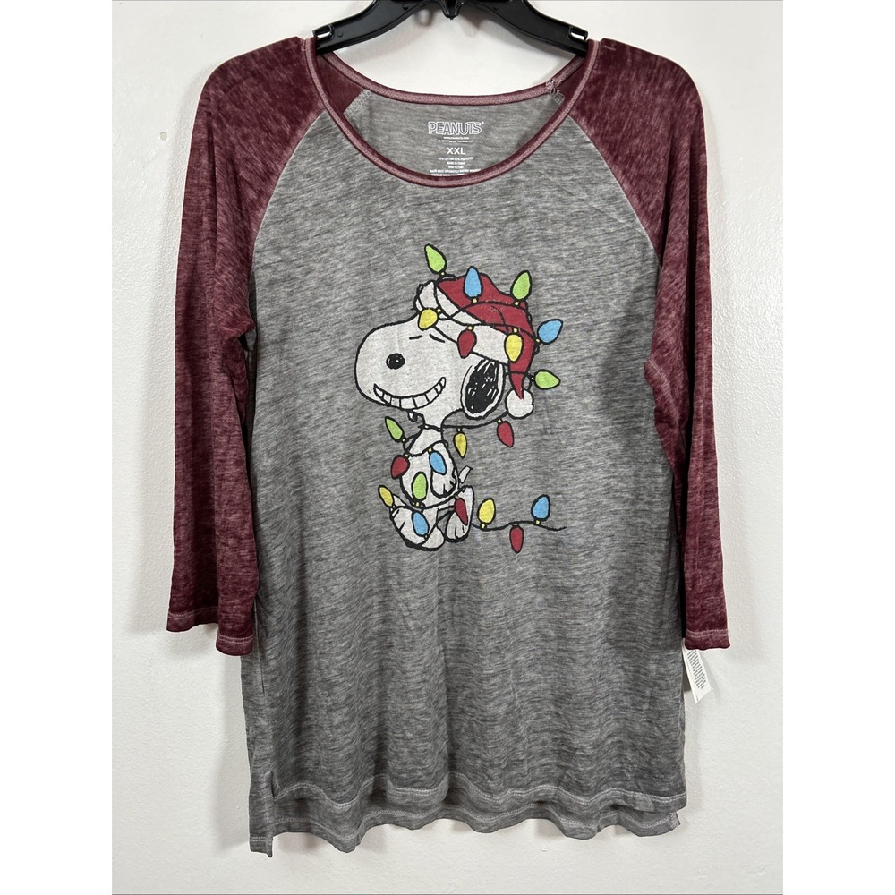 Peanuts Snoopy Christmas Shirt Women XXL Gray Red Raglan 3/4 Sleeve 6457